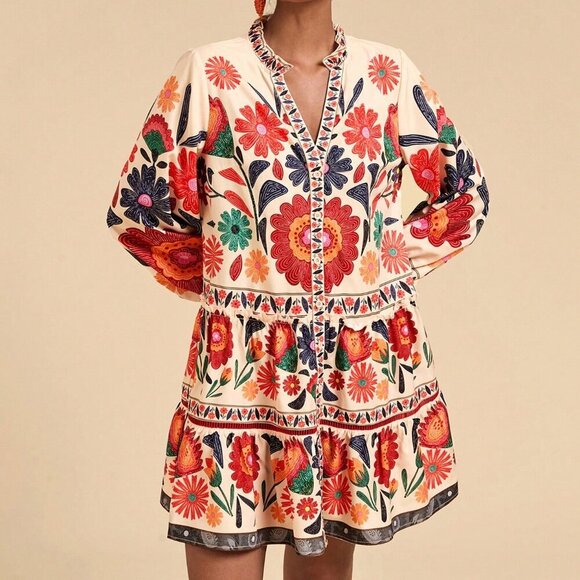 Multicolor Boho Women's Printed Loose Smock Dress - Picture 4 of 6